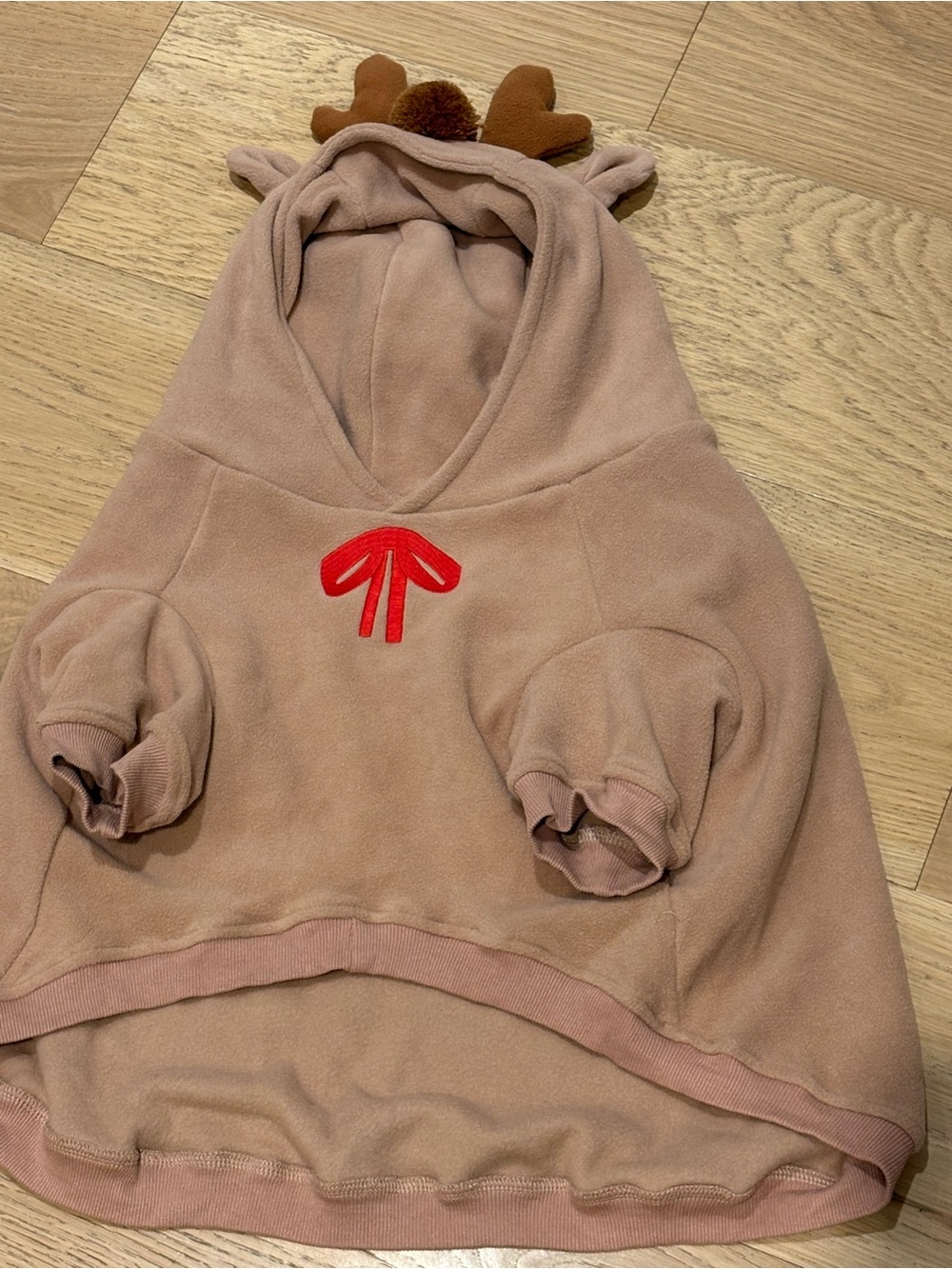 Dog Hoodie- Reindeer in tan with Red Bow Detail- medium